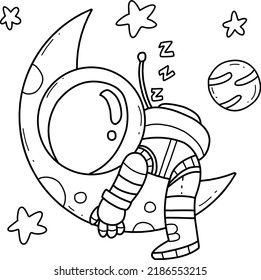 Cute astronaut sleeping on the moon hand drawn coloring book cartoon isolated on white