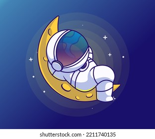 Cute Astronaut Sleeping On Moon Cartoon Vector Icon Illustration. 