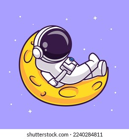 Cute Astronaut Sleeping On Moon Cartoon Vector Icon Illustration. Science Technology Icon Concept Isolated Premium Vector. Flat Cartoon Style