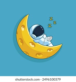 Cute Astronaut Sleeping on The Moon. Isolated Flat Vector Illustration. 