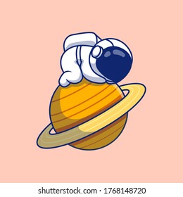 Cute Astronaut Sleeping On Planet Cartoon Vector Icon Illustration. Space Icon Concept Isolated Premium Vector. Flat Cartoon Style 