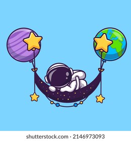 Cute Astronaut Sleeping On Space Swing Planet Cartoon Vector Icon Illustration. Science Technology Icon Concept Isolated Premium Vector. Flat Cartoon Style