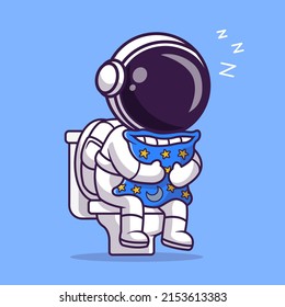 Astronauta Astronauta Cuidada Dormiendo Sobre El Baño Con Ilustración De Icono Del Vector De Caricatura De Pillow. Concepto de icono de la tecnología de la ciencia Vector Premium aislado. Estilo de dibujo plano