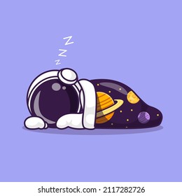 Cute Astronaut Sleeping With Space Blanket Cartoon Vector Icon Illustration. Science Technology Icon Concept Isolated Premium Vector. Flat Cartoon Style