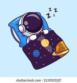 Cute Astronaut Sleeping With Space Blanket Cartoon Vector Icon Illustration. Science Technology Icon Concept Isolated Premium Vector. Flat Cartoon Style