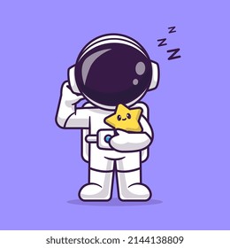 Cute Astronaut Sleepy Holding Cute Star Cartoon Vector Icon Illustration. Science Technology Icon Concept Isolated Premium Vector. Flat Cartoon Style
