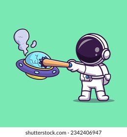 Cute Astronaut Smash Ufo With Baseball Stick Cartoon Vector Icon Illustration. Science Technology Icon Concept Isolated Premium Vector. Flat Cartoon Style