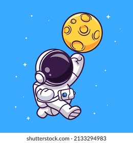 Cute Astronaut Smashing Moon Cartoon Vector Icon Illustration. Science Technology Icon Concept Isolated Premium Vector. Flat Cartoon Style.