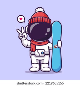 Astronauta Cuidadosa Con Ilustración De Icono Del Vector De Caricatura De Snowboard. Concepto de icono deportivo de ciencia Vector Premium aislado. Estilo de dibujo plano