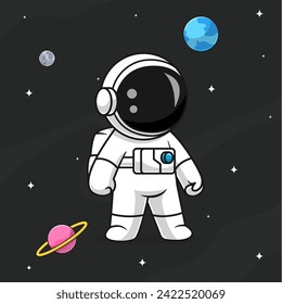 Cute Astronaut In Space Background Cartoon Vector Icon
Illustration. Science Technology Icon Concept Isolated 
Premium Vector. Flat Cartoon Style
