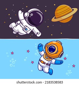 Cute Astronaut In Space And Cute Diver In Ocean Cartoon Vector Icon Illustration. Science Nature Icon Concept Isolated Premium Vector. Flat Cartoon Style