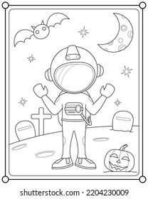 Cute astronaut in space grave suitable for children's coloring page vector illustration