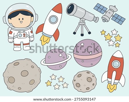 Cute astronaut space illustration cartoon rocket kids science galaxy planets