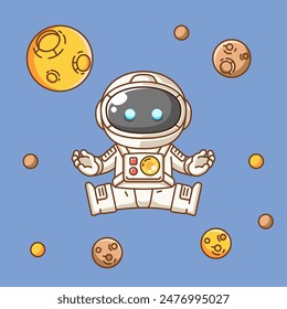 Cute astronaut in space kawaii chibi character mascot illustration outline style set