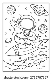 Cute astronaut in space planet around outline vector for children coloring page or book design.
