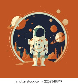 süßer Astronaut im Weltraum mit Planethintergrund, farbige Vektorgrafik-Illustration