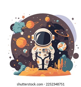 cute astronaut in the space with planet background flat color vector cartoon style illustration