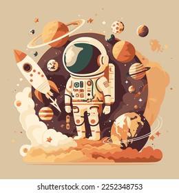 süßer Astronaut im Weltraum mit Planethintergrund, farbige Vektorgrafik-Illustration