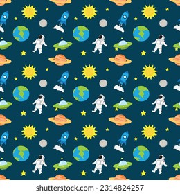 cute astronaut space seamless pattern. vector outer space illustration. seamless pattern with cartoon space rockets, planets, stars and sun.