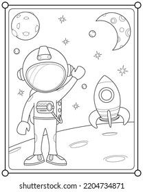 Cute astronaut in space suitable for children's coloring page vector illustration