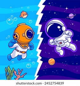 Netter Astronaut im Weltraum vs. Taucher in Meer Cartoon Vektorgrafik Icon Illustration. Wissenschaft Technologie Icon Concept Isolated Premium Vektorgrafik. Flacher Zeichentrickstil