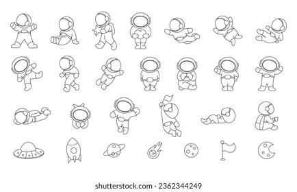 Cute astronaut in a spacesuit. Coloring Page. Cartoon cosmonaut character. Science technology. Vector drawing. Collection of design elements.