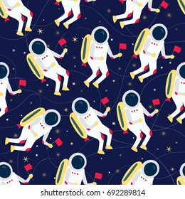 Cute astronaut in spacesuit flying in outer space pattern. Vector illustration