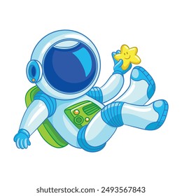 Cute astronaut in a spacesuit. Astronaut holding a star. Vector illustration in a children's style on a white background.