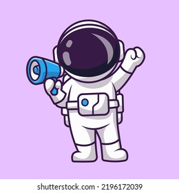 Cute Astronaut Speaking With Megaphone Cartoon Vector Icon Illustration. Science Technology Icon Concept Isolated Premium Vector. Flat Cartoon Style