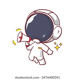 Cute astronaut speaking with megaphone cartoon character. Space and science concept design. Hand drawn flat adorable chibi vector illustration. Icon logo mascot isolated background.