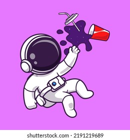 Cute Astronaut Spilled Soda Space Cartoon Vector Icon Illustration. Science Drink Icon Concept Isolated Premium Vector. Flat Cartoon Style