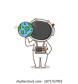 Cute astronaut spin the earth. Vector illustration of chibi character isolated on white background.