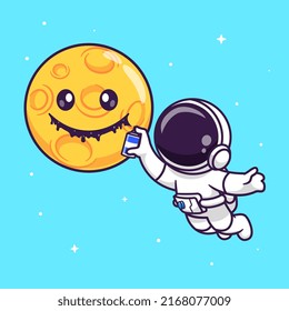 Cute Astronaut Spray Moon With Space Cartoon Vector Icon Illustration Science Technology Icon Concept Isolated Premium Vector. Flat Cartoon Style