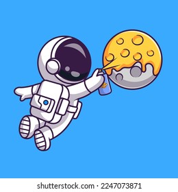 Cute Astronaut Spray Paint Moon Cartoon Vector Icon Illustration. Science Technology Icon Concept Isolated Premium Vector. Flat Cartoon Style