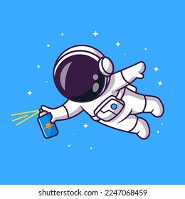 Cute Astronaut Spray Paint In Space Cartoon Vector Icon Illustration. Science Technology Icon Concept Isolated Premium Vector. Flat Cartoon Style