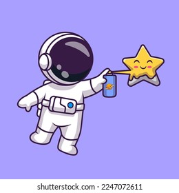 Cute Astronaut Spray Paint Star In Space Cartoon Vector Icon Illustration. Science Technology Icon Concept Isolated Premium Vector. Flat Cartoon Style