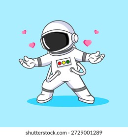 Lindo astronauta que se extiende ama el diseño de dibujos animados de Ilustración vectorial