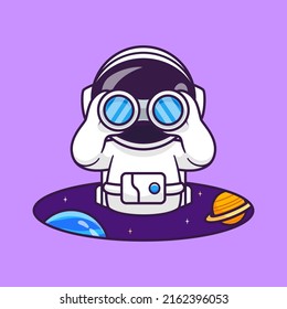 Cute Astronaut Spying With Binoculars In Space Cartoon Vector Icon Illustration Science Technology Icon Concept Isolated Premium Vector. Flat Cartoon Style