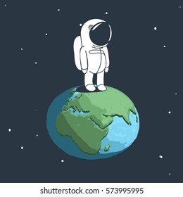 Cute astronaut stand on Earth.Cartoon childish vector illustration.