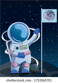Cute astronaut stand on the moon with a flag, Vector illustration, Infographic Element