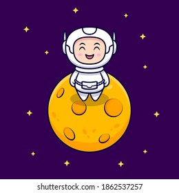 Cute Astronaut Stand on The Moon Cartoon Vector Icon Illustration. Flat Cartoon Style