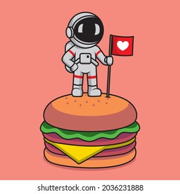 Cute astronaut standing in burger cartoon illustration The Concept of Isolated Technology. Flat Cartoon Style Suitable for Landing Web Pages, Banners, Flyers, Stickers, Cards