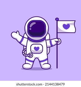 Cute Astronaut Standing With Flag Cartoon Vector Icon Illustration. Science Technology Icon Concept Isolated Premium Vector. Flat Cartoon Style