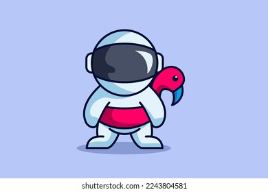 cute astronaut standing with flamingo buoys