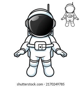 Cute Astronaut Standing Floating in Space with Black and White Line Art Drawing, Science Outer Space, Vector Character Illustration, Outline Cartoon Mascot Logo in Isolated White Background