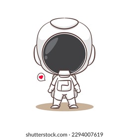 Cute astronaut standing front view cartoon character. Space concept design. Hand drawn flat adorable chibi vector illustration. Isolated white background