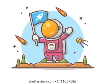 Cute Astronaut Standing Holding Flag on Planet with Satellite Space Vector Illustration. Flat Cartoon Style Suitable for Web Landing Page,  Banner, Flyer, Sticker, Wallpaper, Card, Background