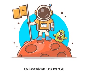 Cute Astronaut Standing Holding Flag on Moon with Cute Alien Space Vector Illustration. Flat Cartoon Style Suitable for Web Landing Page,  Banner, Flyer, Sticker, Wallpaper, Card, Background
