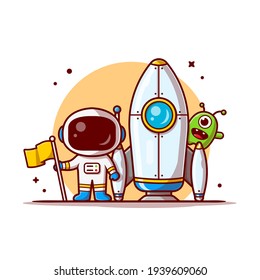 Cute Astronaut Standing Holding Flag with Rocket and Cute Alien Space Cartoon Vector Icon Illustration. Science Technology Icon Concept Isolated Premium Vector. Flat Cartoon Style