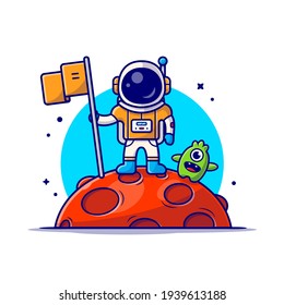 Cute Astronaut Standing Holding Flag on Moon with Cute Alien Space Cartoon Vector Icon Illustration. Science Technology Icon Concept Isolated Premium Vector. Flat Cartoon Style
